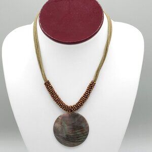 Lia Sophia Corded Bronze Beaded Necklace MOP Mother of Pearl Pendant 16 in